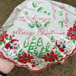 VTG 50s Christmas Hankie – Santa, Poinsettias, Trees – 13” Square